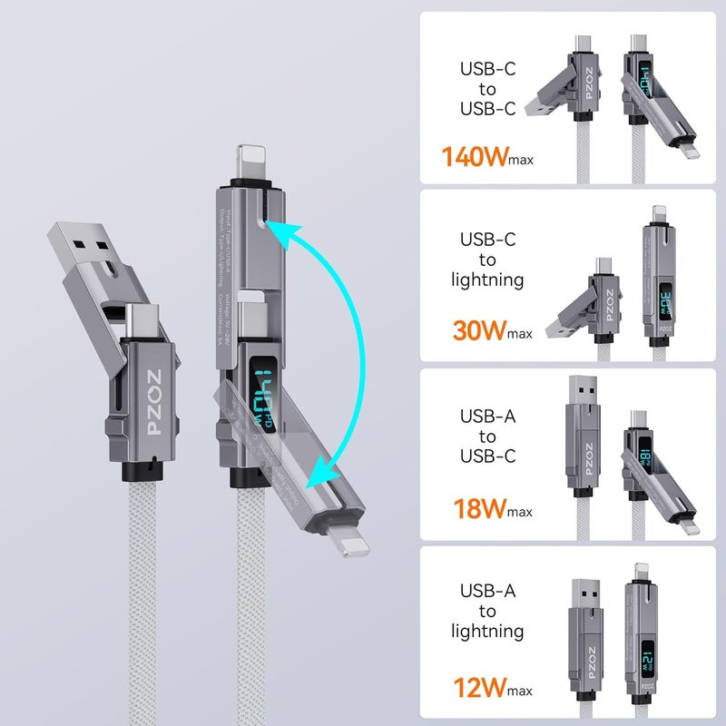 بزوز كابل USB C إلى Lightning من بطول 1.5 متر، كابل شحن متعدد 4 في 1 بقدرة 140 واط، كابل Type C مع شاشة LED، سلك شحن سريع لأجهزة iPhone 16 15 Pro Max وiPad وMacBook وSamsung وغيرها - Image 4