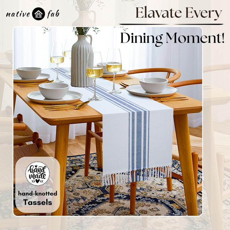 Native Fab Blue Stripe Table Runner - 72 Inches Long Boho Table Covers with Tassels - 100% Cotton, Tight Weave, Non Slip Tablerunner for Dining, Kitchen, Dresser, Wedding, 14"x72" - Blue and White - Image 3