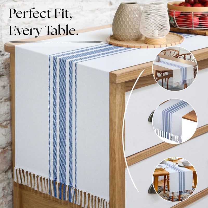 Native Fab Blue Stripe Table Runner - 72 Inches Long Boho Table Covers with Tassels - 100% Cotton, Tight Weave, Non Slip Tablerunner for Dining, Kitchen, Dresser, Wedding, 14"x72" - Blue and White - Image 2