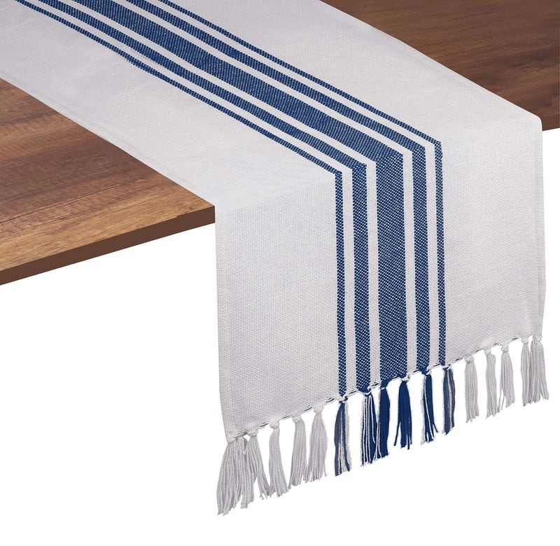 Native Fab Blue Stripe Table Runner - 72 Inches Long Boho Table Covers with Tassels - 100% Cotton, Tight Weave, Non Slip Tablerunner for Dining, Kitchen, Dresser, Wedding, 14"x72" - Blue and White - Image 1