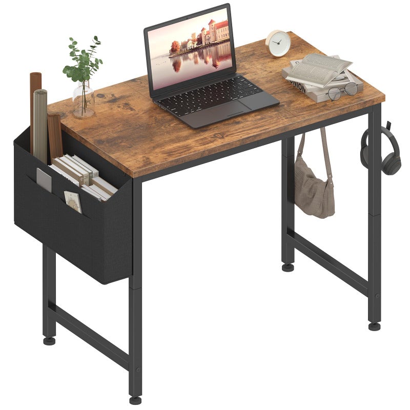 Lufeiya Small Desk for Small Spaces, 32 Inch Kids Girls Study Writing Desks for Bedroom, Simple Modern Laptop PC Little Side Table with Storage Bag Headphone Hooks, Rustic Brown - Image 1