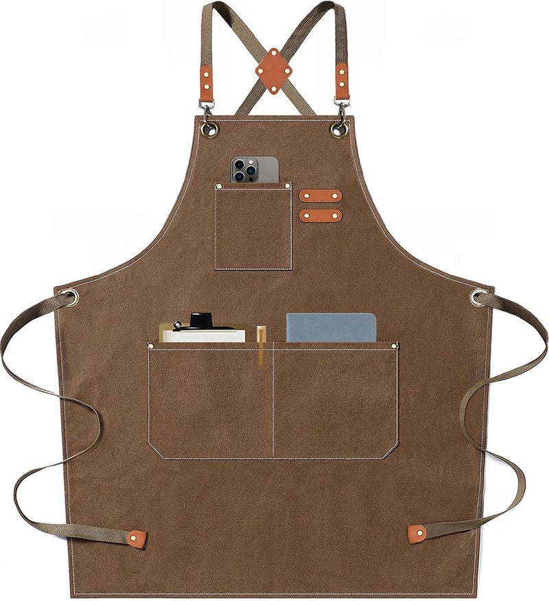 AFUN Chef Aprons for Men Women with Large Pockets, 16oz Cotton Canvas Cross Back Heavy Duty Work Apron (Brown) - Image 1