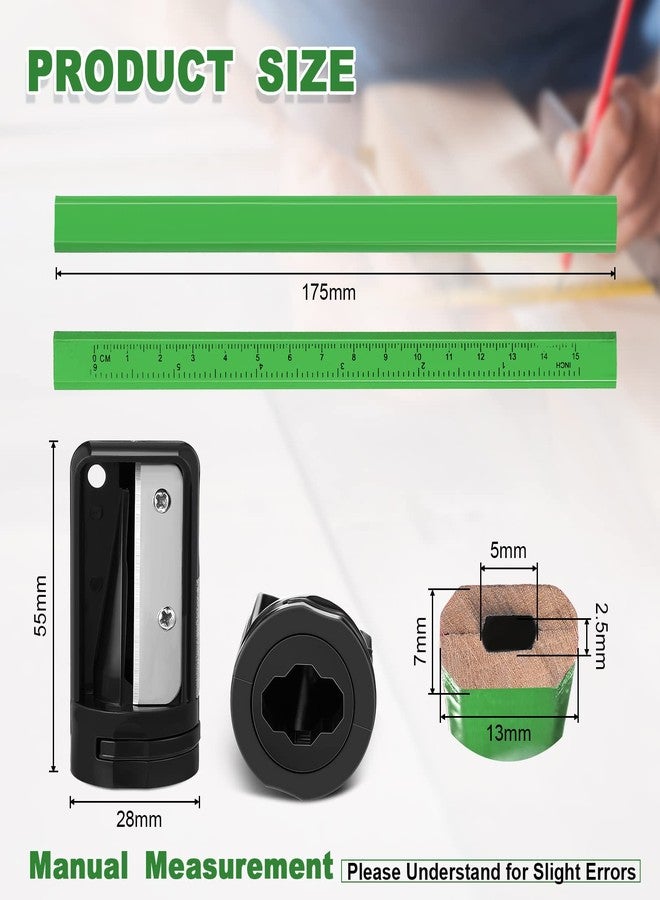 Honoson 200 Pcs Flat Construction Pencils with Printed Ruler Wood Graphite 2 Pcs Carpenter Pencil Sharpener for Woodworking Marking Tool(Green) - Image 2