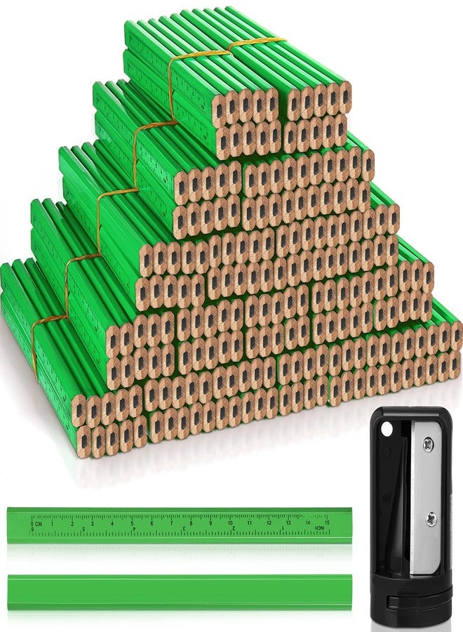 Honoson 200 Pcs Flat Construction Pencils with Printed Ruler Wood Graphite 2 Pcs Carpenter Pencil Sharpener for Woodworking Marking Tool(Green) - Image 1