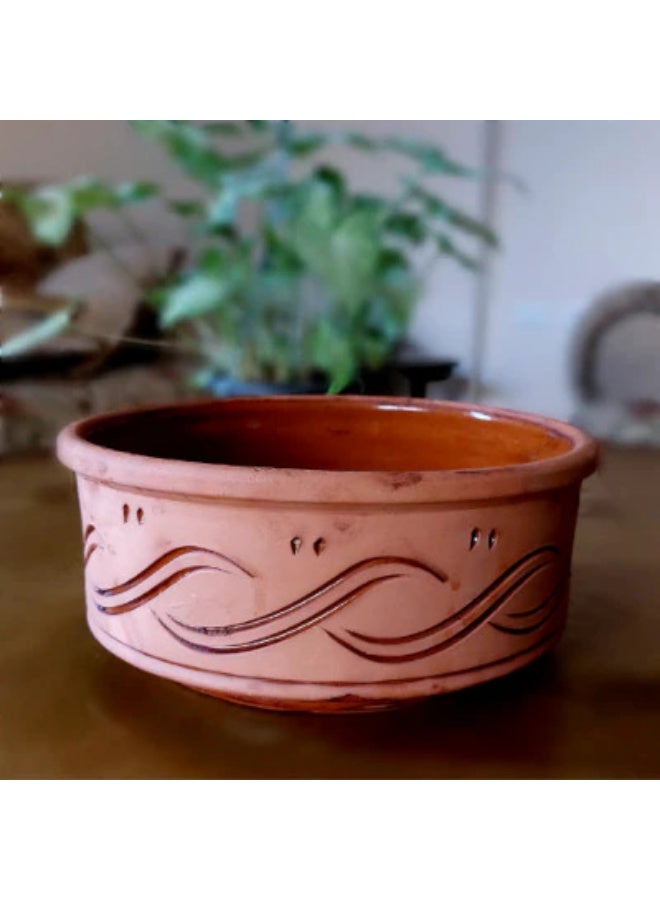 Deep round heat-resistant clay pot for large rice, 25 cm wide x 12 cm deep, brown color, 2120211