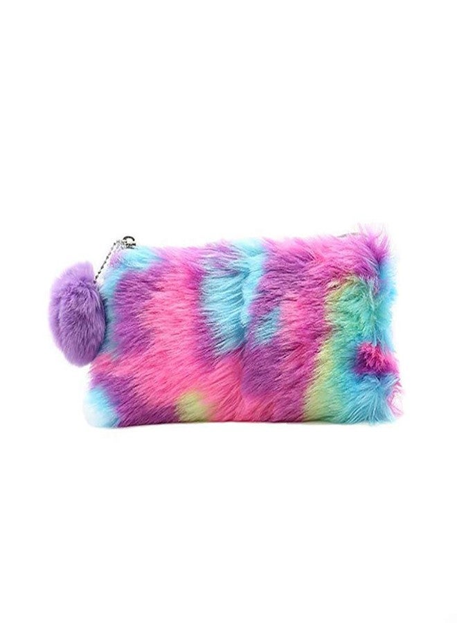 Trusmile Durable Stationery Series Rainbow Plush Pencil Case Pencil Bag Pen Pouch for Students Office School Stationery (Plush + Polyester, 21 * 10.5Cm) (Purple + Purple Hair Ball) - Image 1