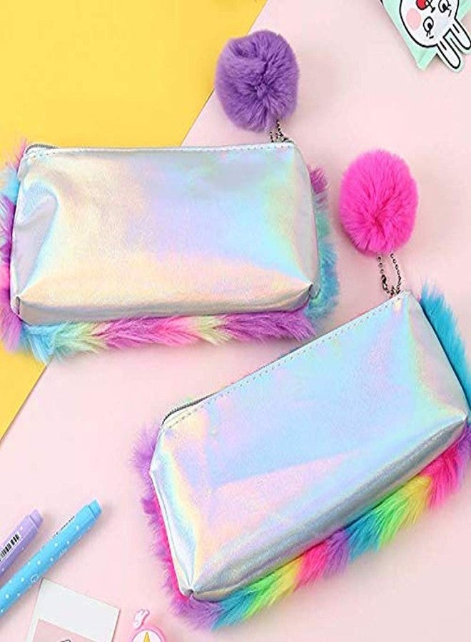 Trusmile Durable Stationery Series Rainbow Plush Pencil Case Pencil Bag Pen Pouch for Students Office School Stationery (Plush + Polyester, 21 * 10.5Cm) (Purple + Purple Hair Ball) - Image 3