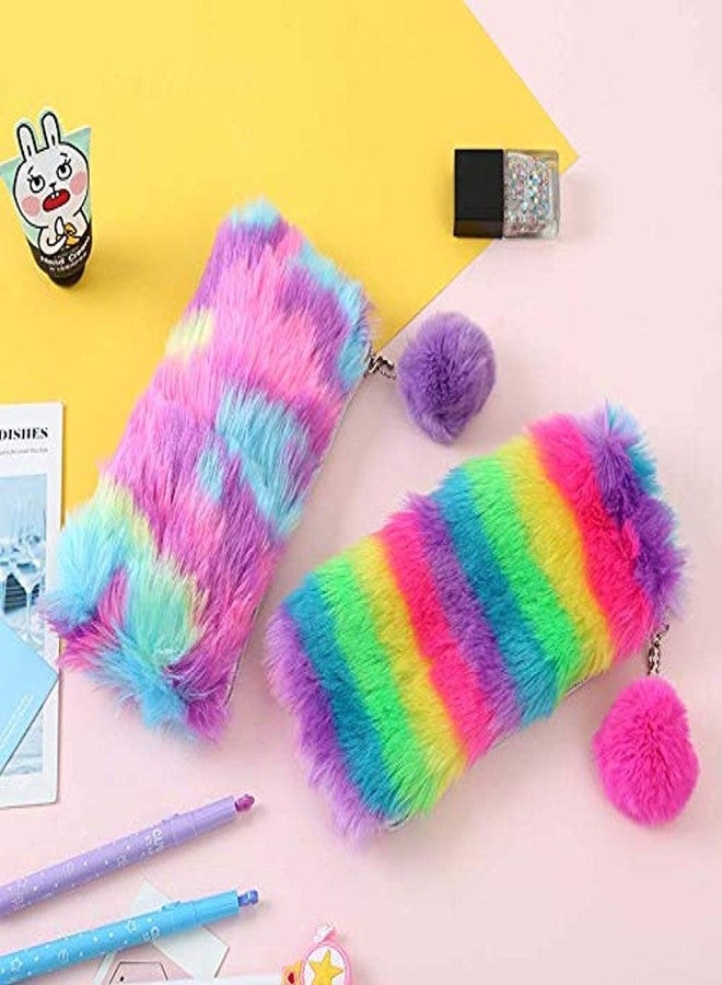 Trusmile Durable Stationery Series Rainbow Plush Pencil Case Pencil Bag Pen Pouch for Students Office School Stationery (Plush + Polyester, 21 * 10.5Cm) (Purple + Purple Hair Ball) - Image 2