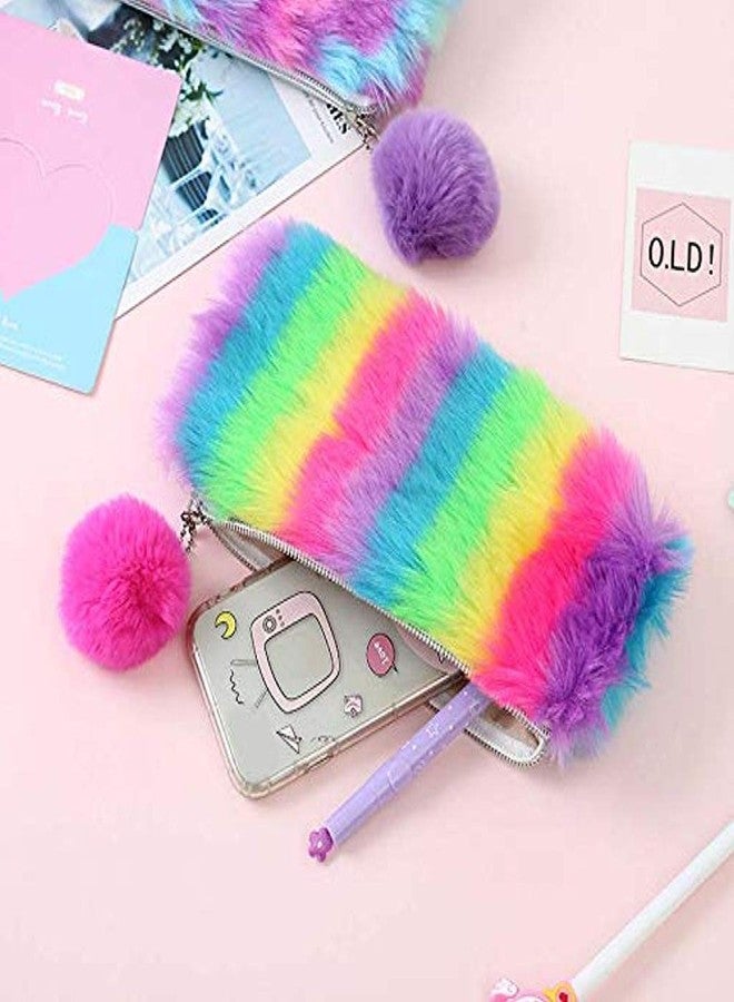 Trusmile Durable Stationery Series Rainbow Plush Pencil Case Pencil Bag Pen Pouch for Students Office School Stationery (Plush + Polyester, 21 * 10.5Cm) (Purple + Purple Hair Ball) - Image 5