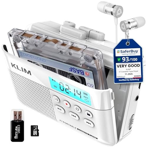 KLIM K7 Cassette Tape Player Cassette to MP3 Converter Portable Builtin Microphone Speaker Rechargeable Battery Earphones 16GB SD Card White - Image 1