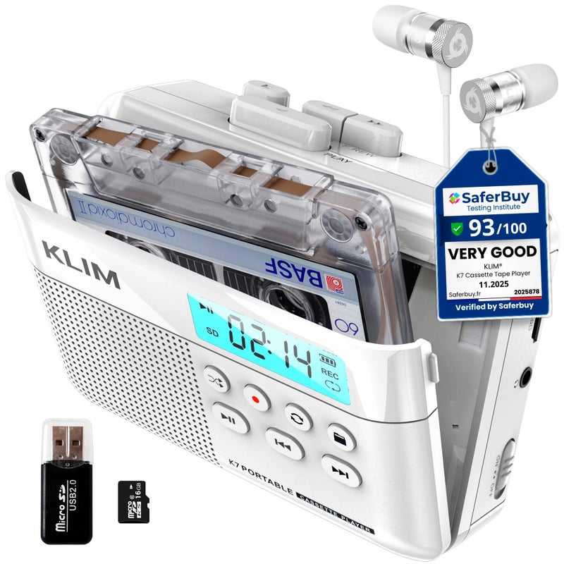 KLIM K7 Cassette Tape Player Cassette to MP3 Converter Portable Builtin Microphone Speaker Rechargeable Battery Earphones 16GB SD Card White - Image 2