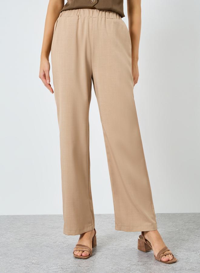 Styli Women Beige Elastic Waist Wide Leg Pants - Image 2