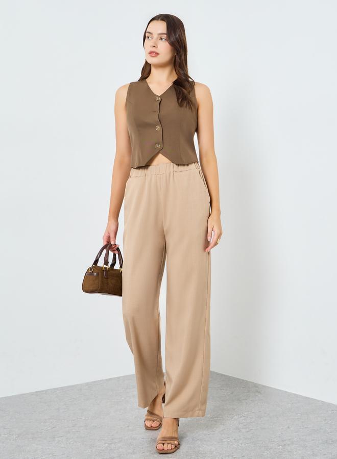 Styli Women Beige Elastic Waist Wide Leg Pants - Image 1