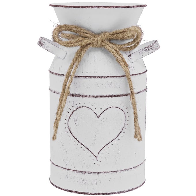 VINTAGE METAL FLOWER BUCKET HEART VASE FARMHOUSE DECOR WITH HANDLE FRENCH WHITE GALVANIZED FINISH MILK JUG SHABBY CHIC METAL FLOWER JUG FOR RUSTIC HOME DECORATION