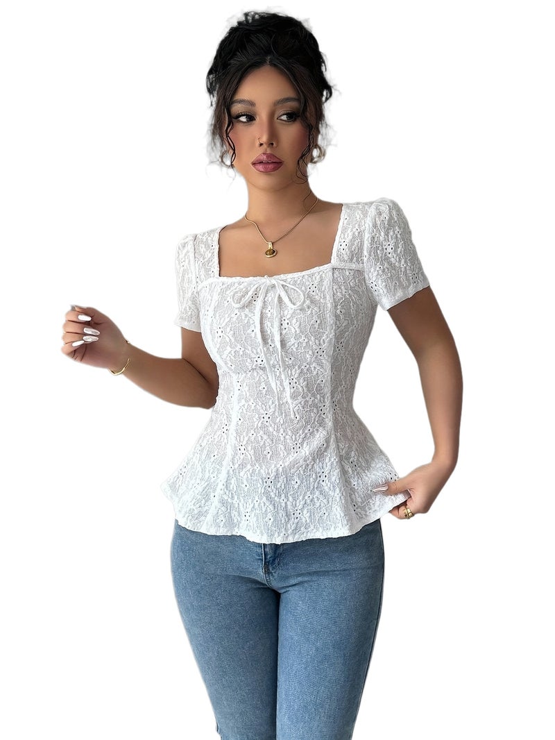 Targeted Women'S Elegant Square Neck Short Sleeve T - Shirt Jacquard Medium Stretch Fabric Waist Slim Fit - White / XS - Image 1