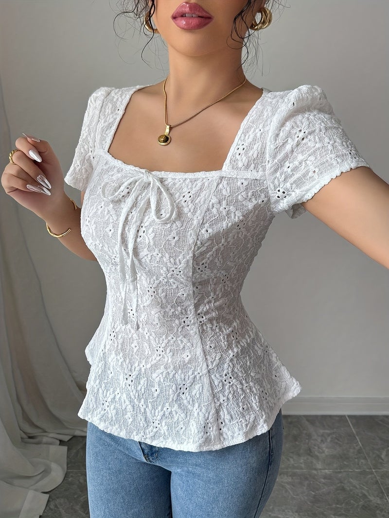 Targeted Women'S Elegant Square Neck Short Sleeve T - Shirt Jacquard Medium Stretch Fabric Waist Slim Fit - White / XS - Image 2