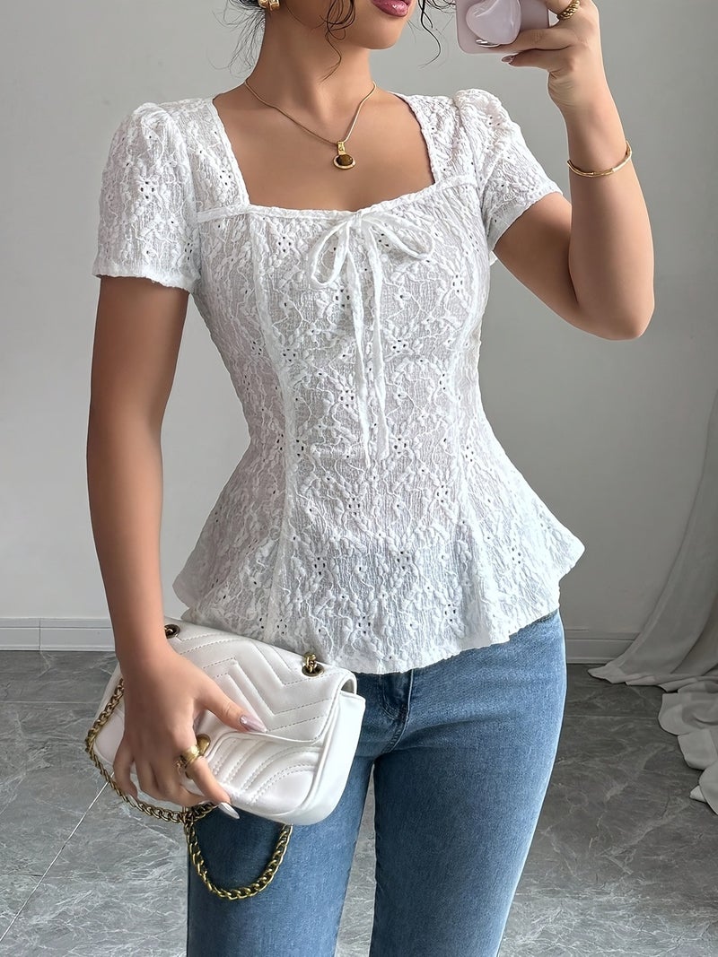 Targeted Women'S Elegant Square Neck Short Sleeve T - Shirt Jacquard Medium Stretch Fabric Waist Slim Fit - White / XS - Image 3