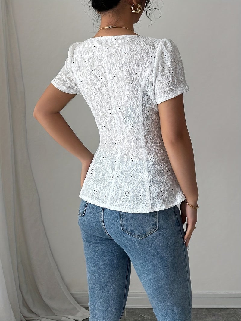 Targeted Women'S Elegant Square Neck Short Sleeve T - Shirt Jacquard Medium Stretch Fabric Waist Slim Fit - White / XS - Image 5