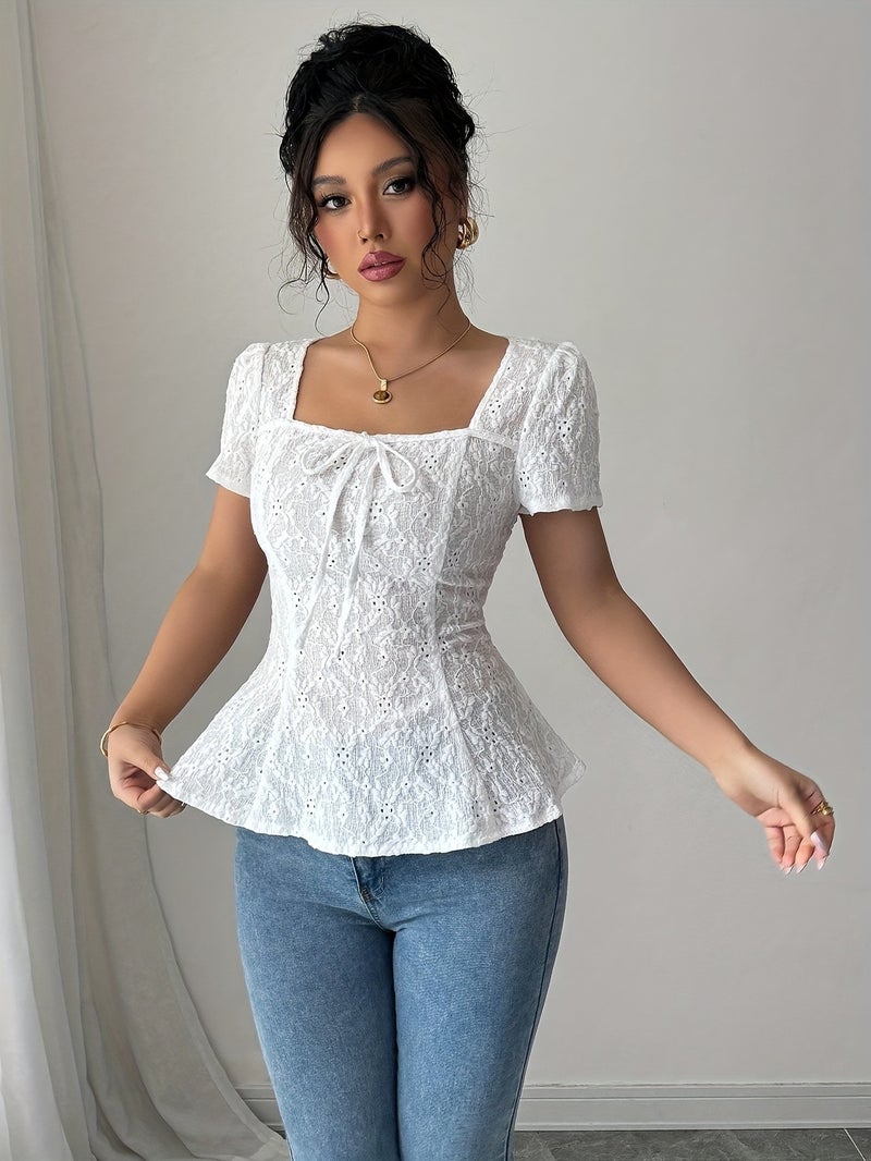 Targeted Women'S Elegant Square Neck Short Sleeve T - Shirt Jacquard Medium Stretch Fabric Waist Slim Fit - White / XS - Image 4