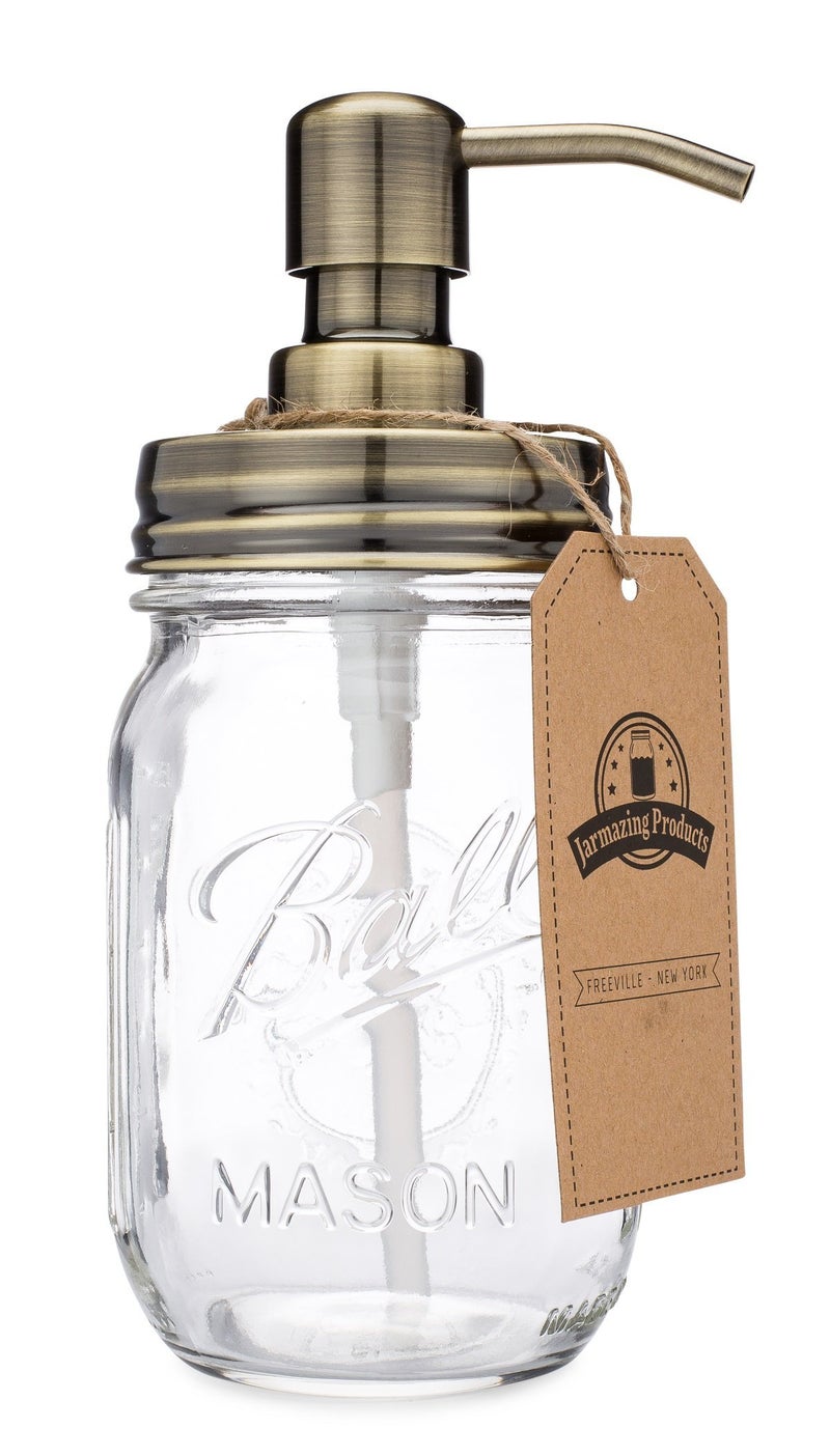 Jarmazing Products Mason Jar Soap Dispenser Brass with 16 Ounce Ball Mason Jar Made from Rust Proof Stainless Steel