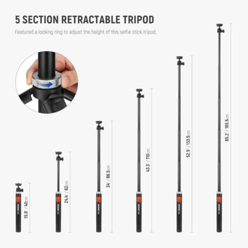 Phone Tripod for Cell Phone Camera with Remote 65.2 All Metal Selfie Stick Travel Vlog Tripod Stand for iPhone with Phone Holder Portable Camera Tripod for Canon Sony DLSR GoPro TS05 Compatible with iPhone GoPro Canon Sony DSLR 62.9 All Metal Portable Selfie Stick Travel Vlog Stand for Video Recording - Image 2