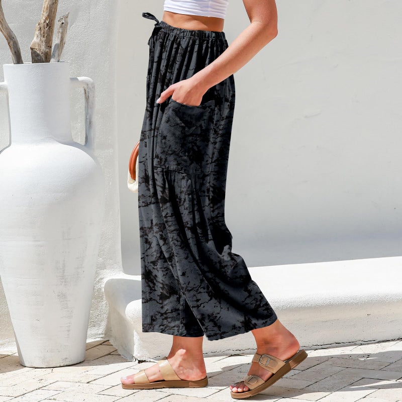 TARSE Womens Linen Wide Leg Pants Casual Loose Drawstring Low Waist Summer Beach Palazzo Harem Pants with Pockets XL - Image 2