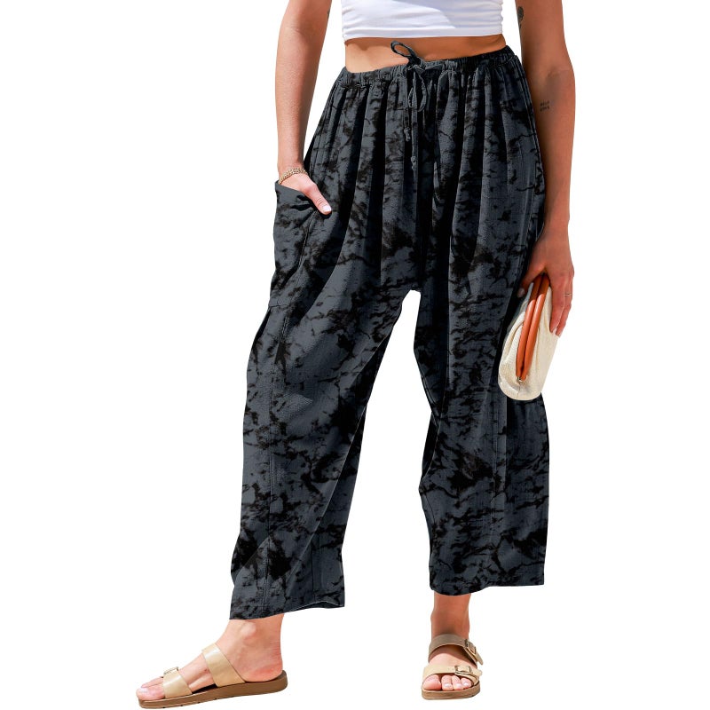 TARSE Womens Linen Wide Leg Pants Casual Loose Drawstring Low Waist Summer Beach Palazzo Harem Pants with Pockets XL - Image 1