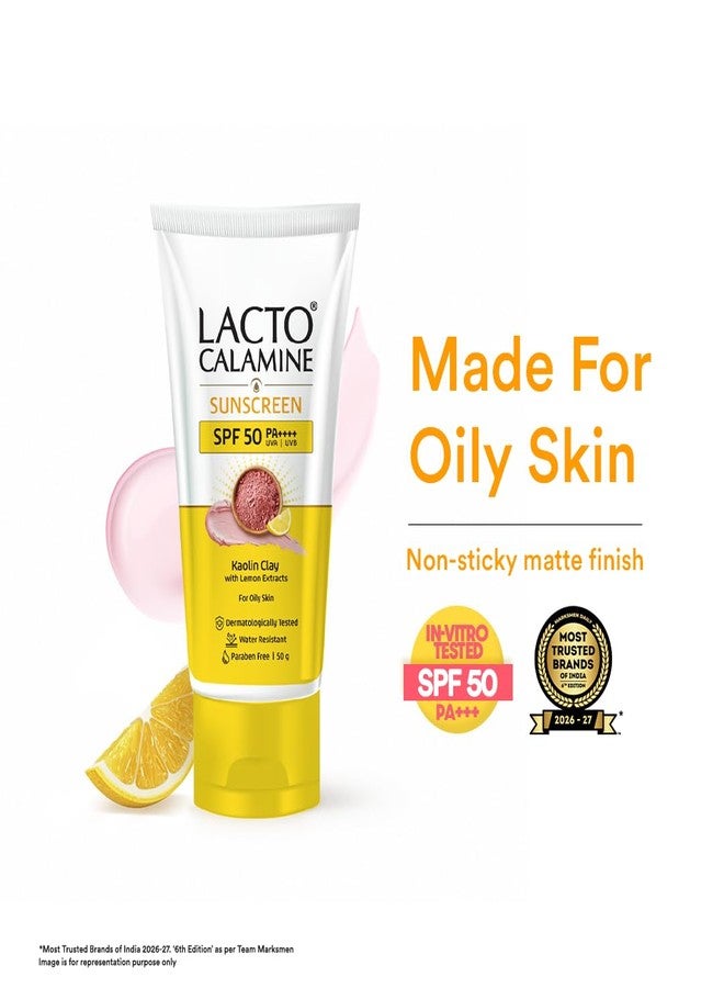 Lacto Calamine Light Weight Sunscreen SPF50 | PA++++ | No White Cast | Broad Spectrum Protect |Non-Sticky | For all skin types, Water Resistant, With Kaolin Clay & Lemon Extract, For Face & Body | 50g each - Pack of 3 - Image 1