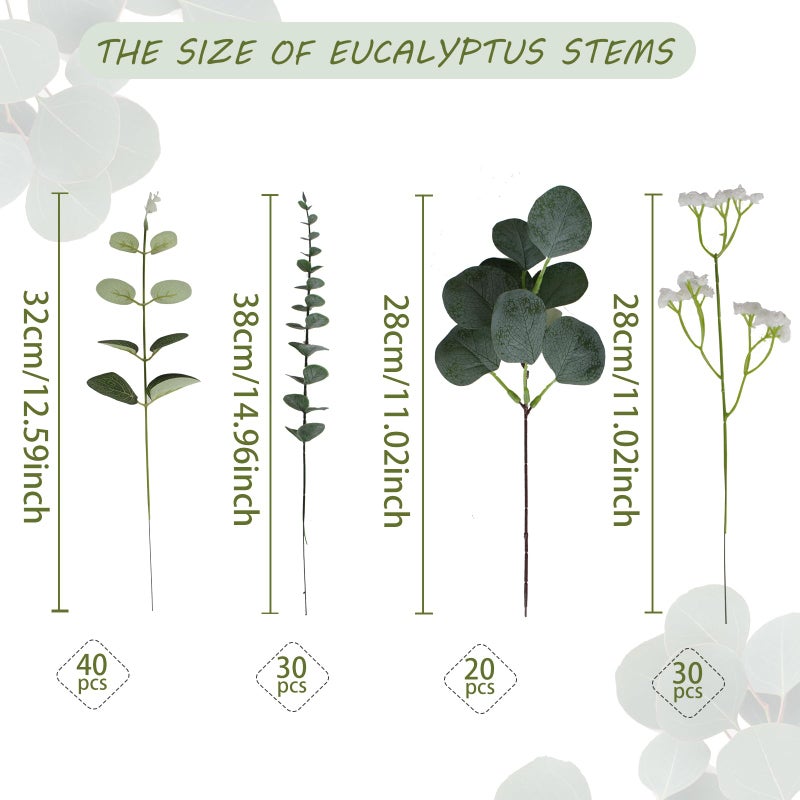 Coreland Artificial Eucalyptus Leaves Stems 120 Pcs 4 Kinds Mixed Fake Silver Dollar Eucalyptus Leaves Stem with Babysbreath Bulk Faux Leaf for DIY Bouquets Floral Arrangement Wedding Home Decor - Image 2