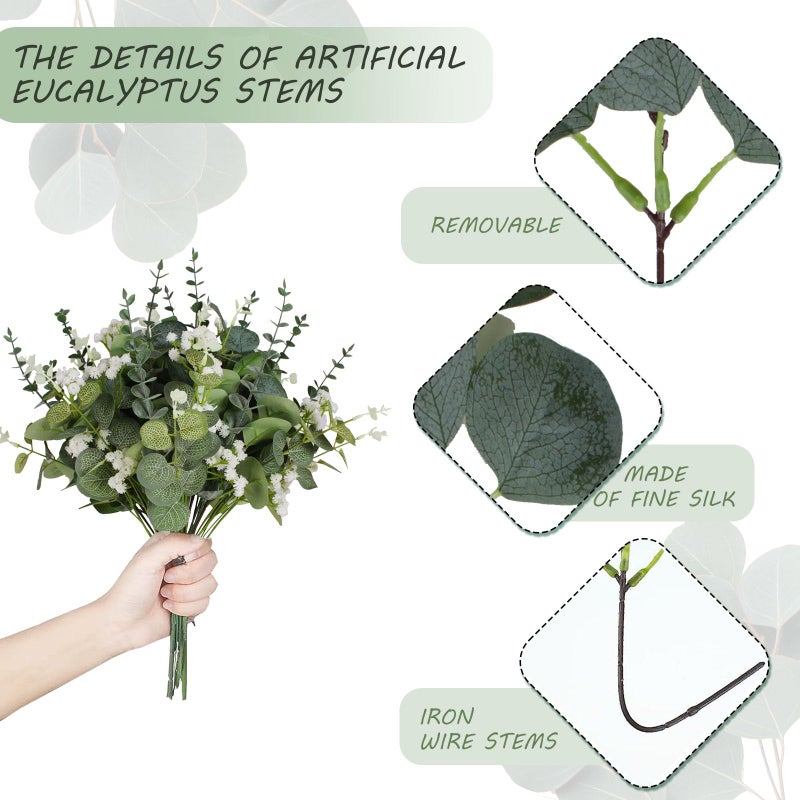 Coreland Artificial Eucalyptus Leaves Stems 120 Pcs 4 Kinds Mixed Fake Silver Dollar Eucalyptus Leaves Stem with Babysbreath Bulk Faux Leaf for DIY Bouquets Floral Arrangement Wedding Home Decor - Image 5