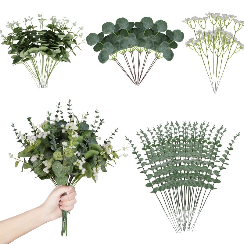 Coreland Artificial Eucalyptus Leaves Stems 120 Pcs 4 Kinds Mixed Fake Silver Dollar Eucalyptus Leaves Stem with Babysbreath Bulk Faux Leaf for DIY Bouquets Floral Arrangement Wedding Home Decor - Image 1