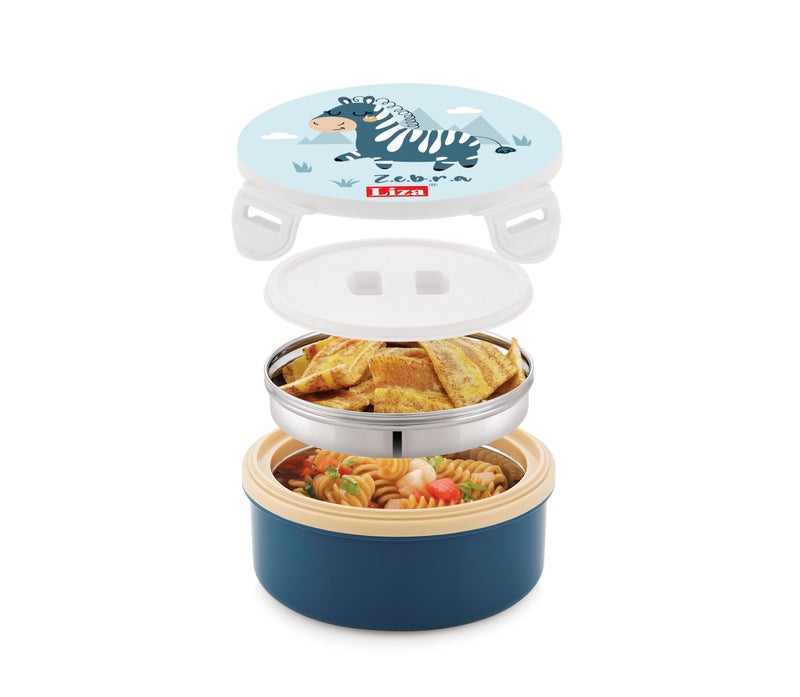 Liza Tasty Bites Stainless Steel Lunch Box with Spoon | 380ml Leak-Proof Lightweight Tiffin Box for Kids & Office | Outer Plastic + Inner Steel | Blue - Image 2