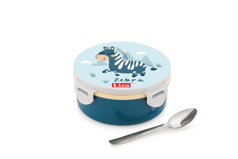 Liza Tasty Bites Stainless Steel Lunch Box with Spoon | 380ml Leak-Proof Lightweight Tiffin Box for Kids & Office | Outer Plastic + Inner Steel | Blue - Image 1
