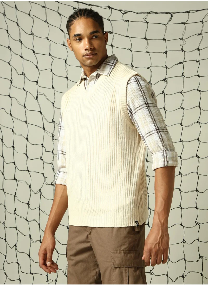 هوبرهولمي Men's Off White 100% Acrylic Solid Relaxed Fit Sweater