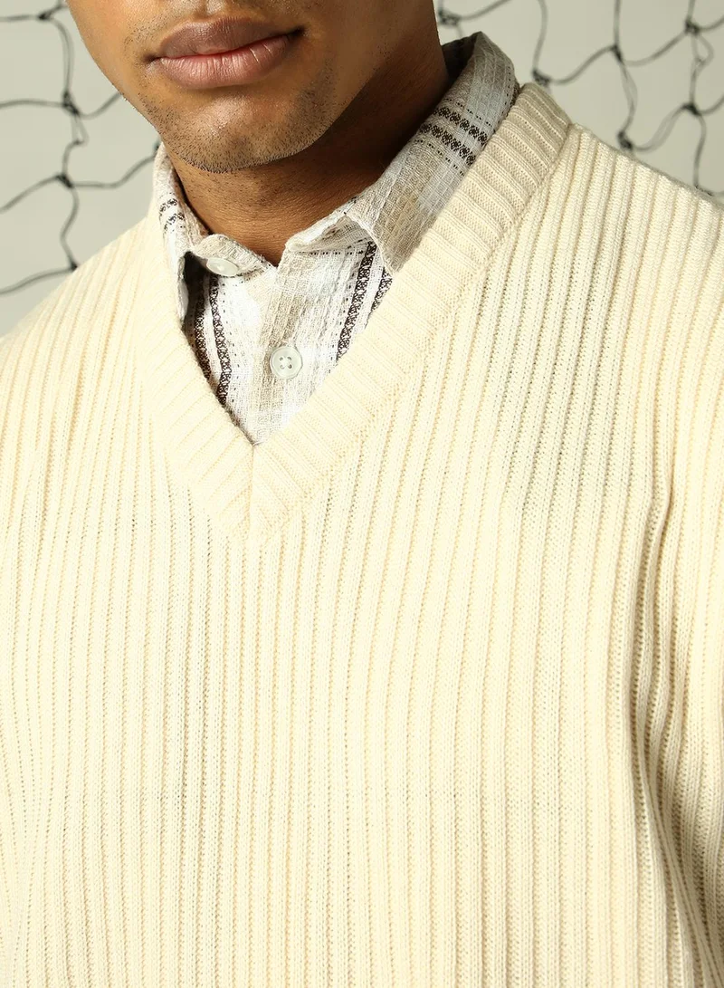 Hubberholme Men's Off White 100% Acrylic Solid Relaxed Fit Sweater