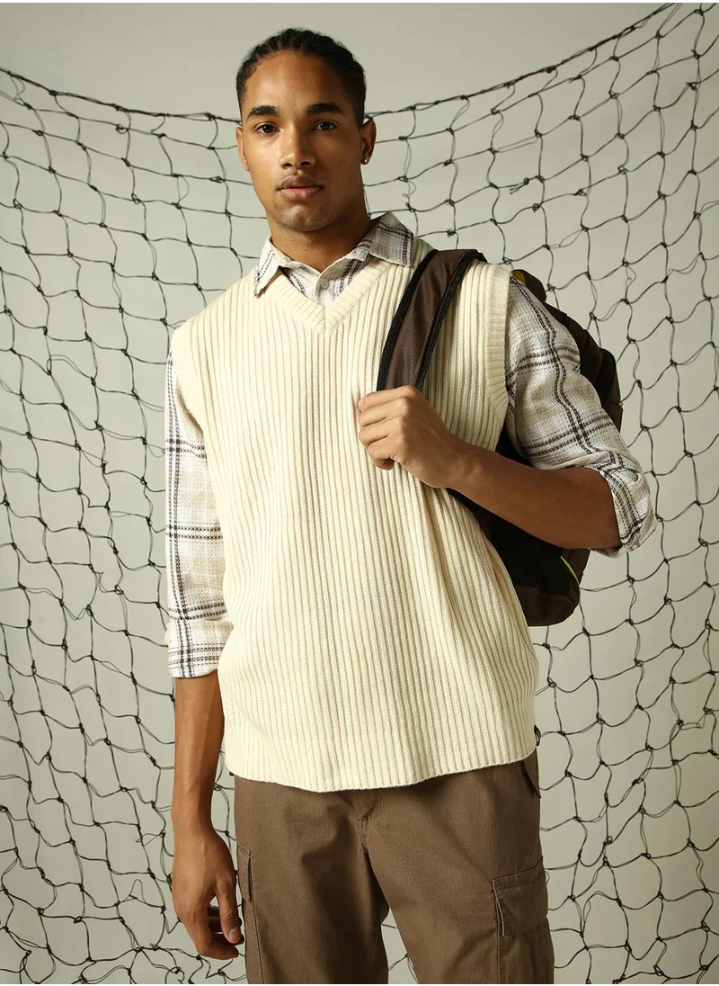 هوبرهولمي Men's Off White 100% Acrylic Solid Relaxed Fit Sweater