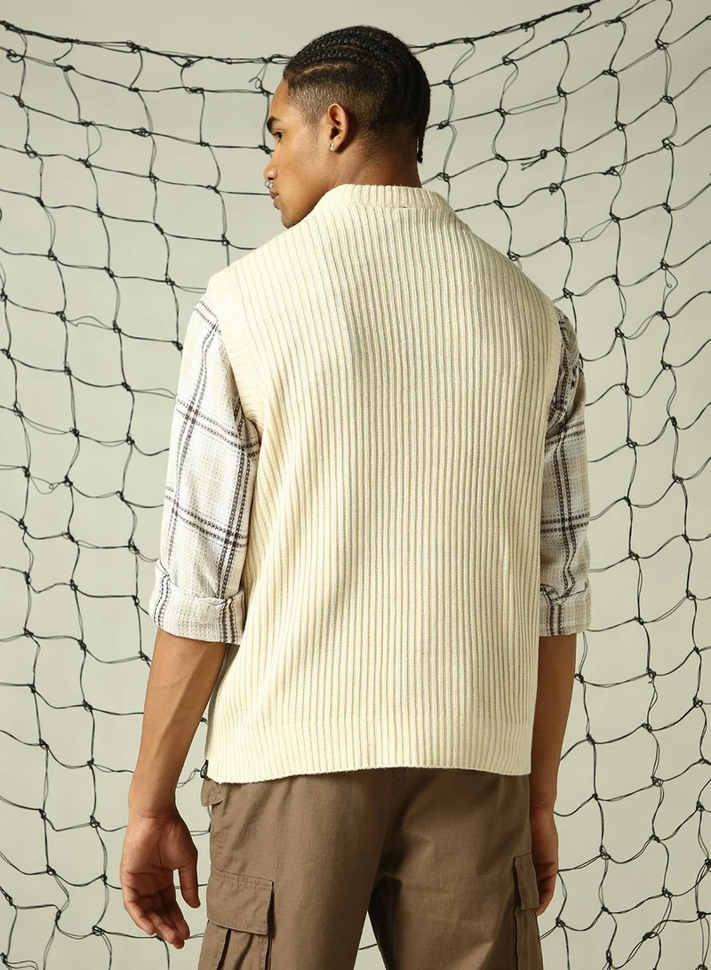 Hubberholme Men's Off White 100% Acrylic Solid Relaxed Fit Sweater