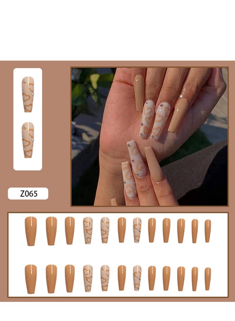 Extra Long Press on Nails Coffin, Long Fake Nails Rhinestone Nails LOVE Style Design, Artificial Glossy Acrylic Ballerina Press on Nails for Women and Girls(48 Pcs ) - Image 2