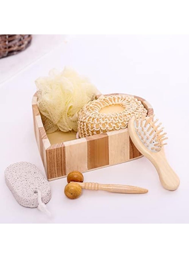 المشروبات العشبية مشروبات الأعشاب - مجموعة هدايا للنساء والرجال للعناية بالجسم والاستحمام - سلة هدايا للاستحمام المنزلي والسبا - صندوق خشبي على شكل قلب مع جهاز تدليك للجسم والقدمين، وحجر الخفاف، وفرشاة فك تشابك الشعر من الخيزران، ولوفة. - Image 1