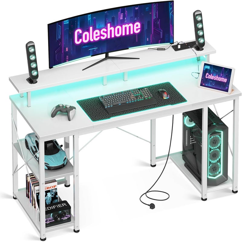 Coleshome Gaming Desk with Shelves and Monitor Stand, White, 120x50cm - Image 1