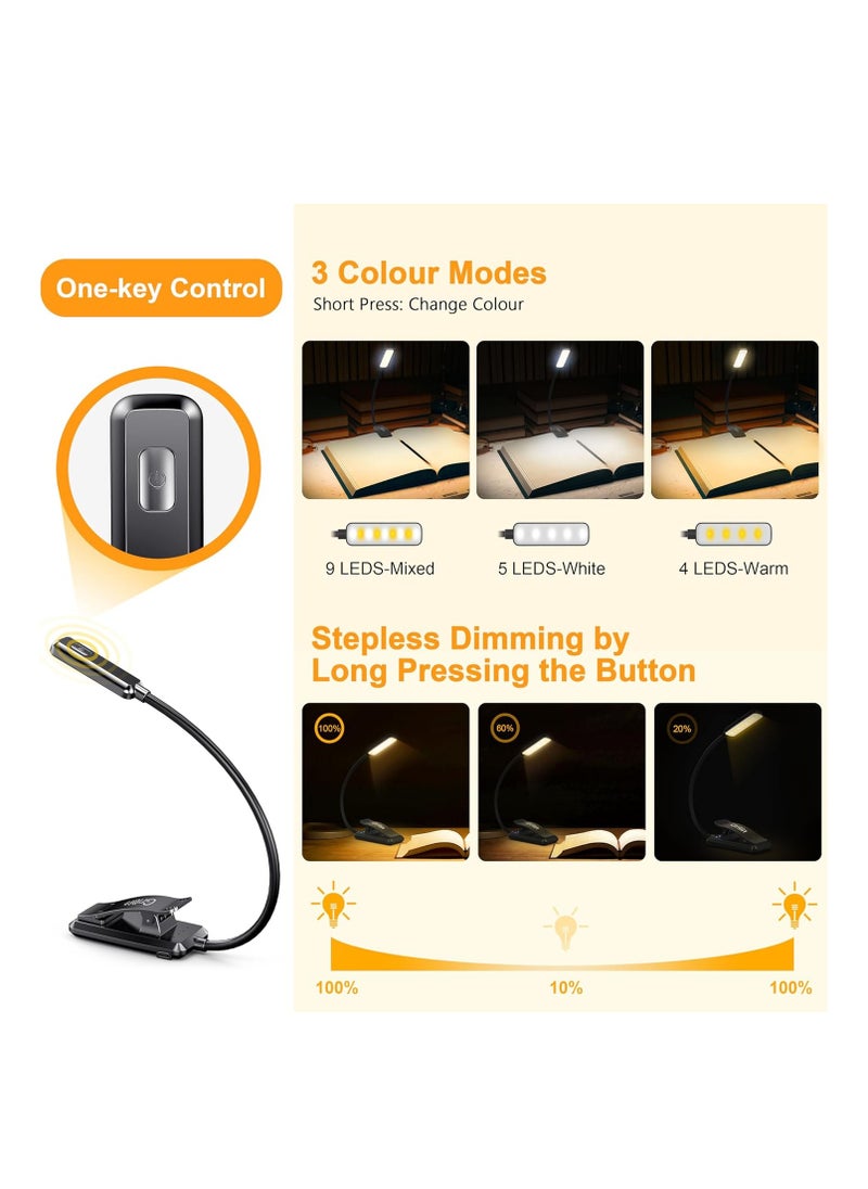 Arabest Portable LED Rechargeable Book Light, Eye Caring 3 Color Temperatures, Stepless Dimming Brightness, 12 Hrs Runtime Small Lightweight Clip On Book Reading Light for Studying and  Reading in Bed, Black  - Image 3