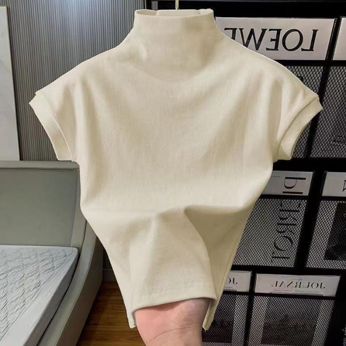 Chanel Style Half-High Collar Short-Sleeved T-Shirt Women'S 2024 Slim-Fit Slimming Vertical Collar Short Top Ins Trendy - Image 1