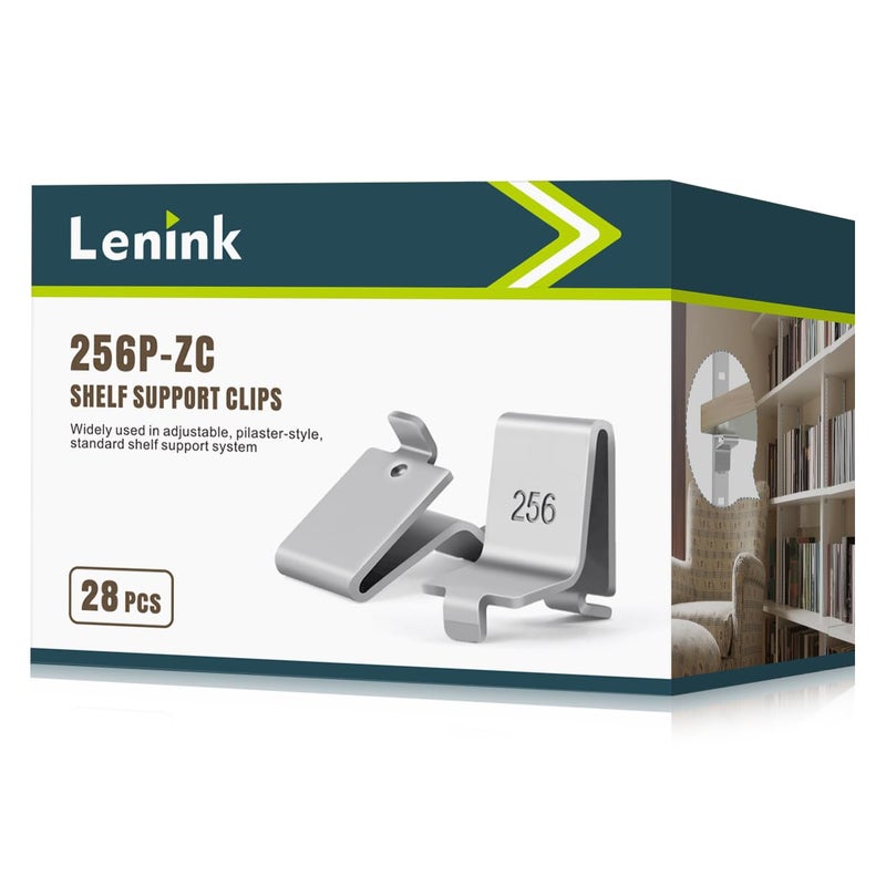 Lenink 28 Piece 256PZC Adjustable Pilaster Shelf Clip Shelving Brackets Clips for Metal and Wood Shelving