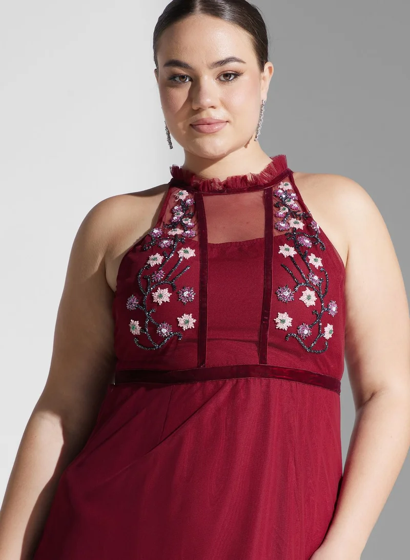 Ella Limited Curve Embroidered Detail A-Line Dress