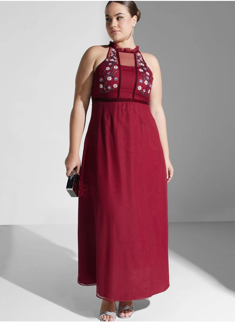 Ella Limited Curve Embroidered Detail A-Line Dress