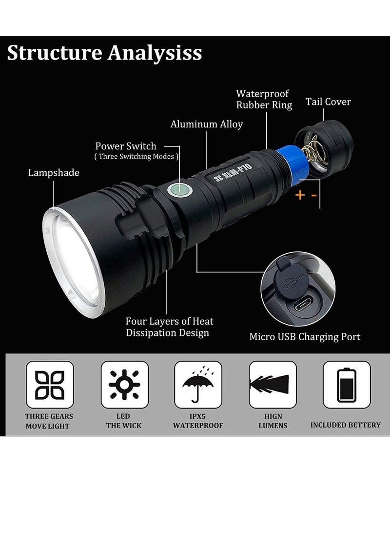 XiuWoo - 3000-10000 Lumen High Power LED Waterproof Flashlight Lamp Ultra Bright  3 Mode Most Powerful 50W XLM-P70 LED USB Rechargeable Flashlight Torch  2 Lithium Battery - Image 1