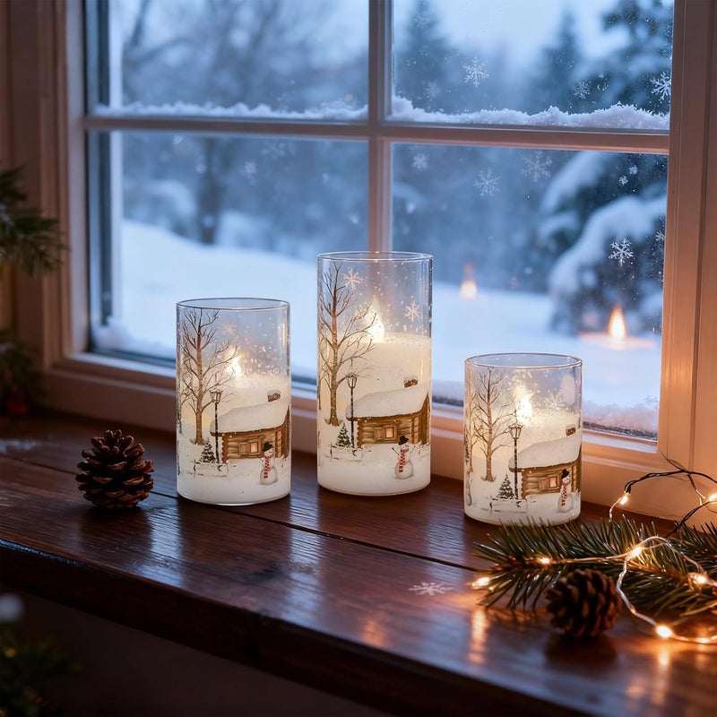 DRomance Snowman Glass Flameless Candles Battery Operated with Remote and Timer Real Wax LED Flickering Pillar Candles White Cold Light Window Christmas Holiday Decor D3 x 4",5",6" - Image 5