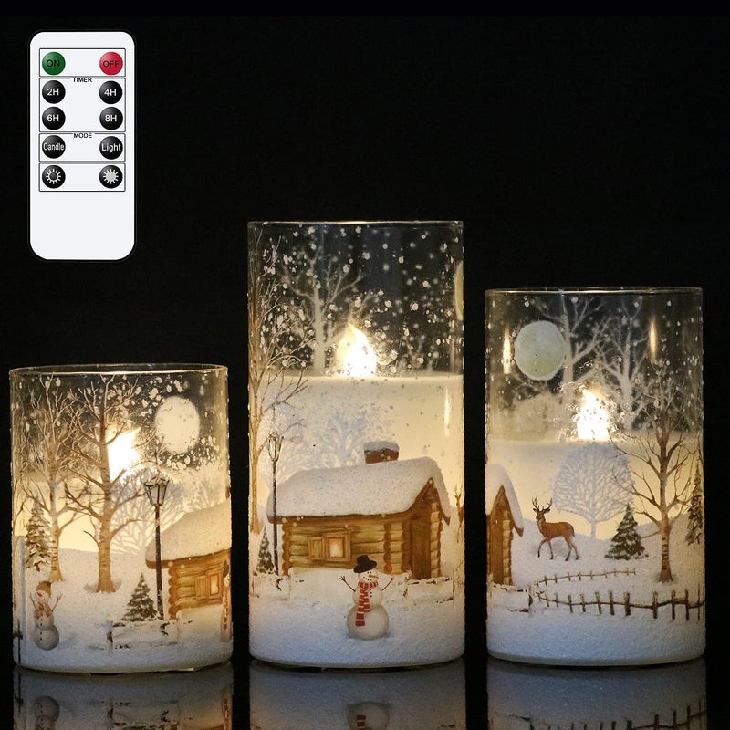 DRomance Snowman Glass Flameless Candles Battery Operated with Remote and Timer Real Wax LED Flickering Pillar Candles White Cold Light Window Christmas Holiday Decor D3 x 4",5",6" - Image 1