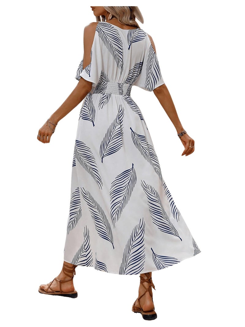 Verdusa Women's Summer Vacation Beach Dress Hawaiian Maxi Dresses Tropical Cold Shoulder Sundress Cruise Outfits 2026 Blue and White Medium - Image 2