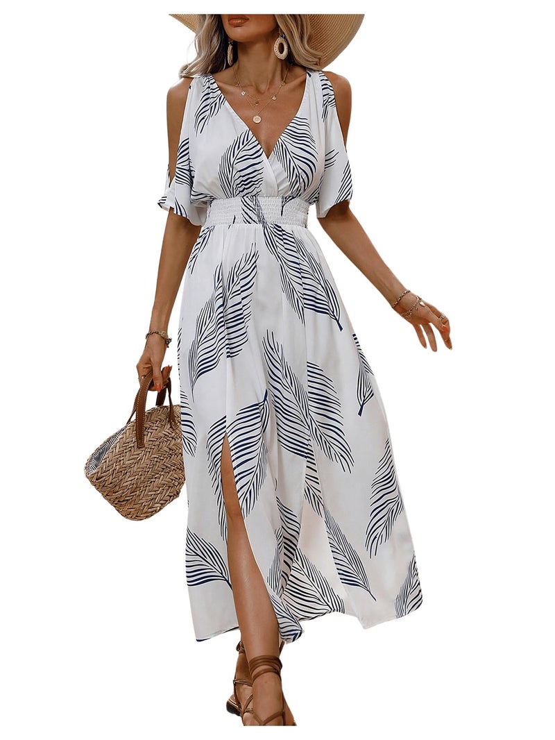 Verdusa Women's Summer Vacation Beach Dress Hawaiian Maxi Dresses Tropical Cold Shoulder Sundress Cruise Outfits 2026 Blue and White Medium - Image 1
